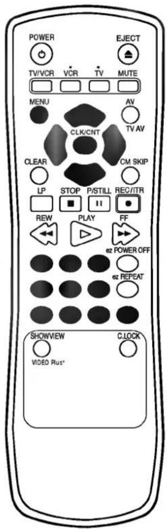 POWER TV/VCR VCR TV MUTE MENU AV CLK/CNT TV AV CLEAR CM SKIP LP STOP P/STILL REC/ITR REW PLAY FF e2 POWER OFF e2 REPEAT SHOWVIEW C.LOCK VIDEO Plus*