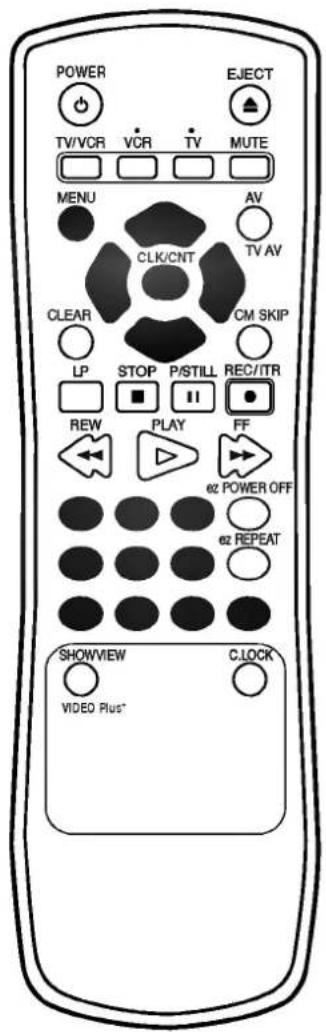 POWER TV/VCR VCR TV MUTE MENU AV CLK/CNT TV AV CLEAR CM SKIP LP STOP P/STILL REC/ITR REW PLAY FF e2 POWER OFF e2 REPEAT SHOWVIEW C.LOCK VIDEO Plus*