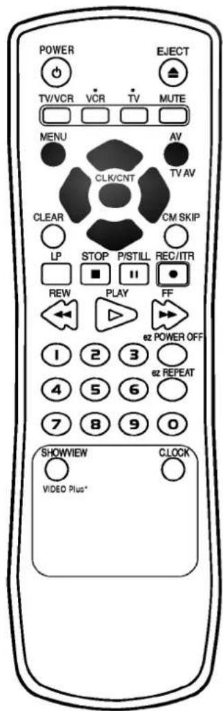 POWER EJECT TV/VCR VCR TV MUTE MENU AV CLK/CNT TV AV CLEAR CM SKIP LP STOP P/STILL REC/ITR ■ ■ 11 REW PLAY FF 1 2 3 e2 POWER OFF 4 5 6 7 8 9 0 SHOWVIEW CLOCK VIDEO Plus*