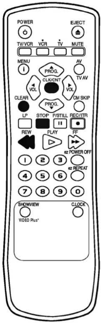 POWER TV/VCR VCR TV MUTE MENU i PROG. CLK/CNT VOL AV TV AV CLEAR PROG. LM STOP P/STILL REC/ITR REW PLAY FF 1 2 3 ez POWER OFF 4 5 6 ez REPEAT 7 8 9 0 SHOWVIEW VIDEO Plus* CLOCK