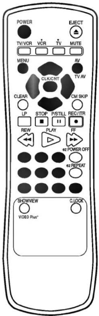 POWER TV/VCR VCR TV MUTE MENU AV CLK/CNT TV AV CLEAR CM SKIP LP STOP P/STILL REC/TR REW PLAY FF ez POWER OFF ez REPEAT SHOWVIEW C:LOCK VIDEO Plus*