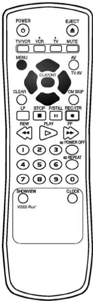 POWER TV/VCR VCR TV MUTE MENU AV CLK/CNT TV AV CLEAR CM SKIP LP STOP P/STILL REC/ITR ■ ■ □ ● REW PLAY FF 1 2 3 ez POWER OFF 4 5 6 ez REPEAT 7 8 9 0 SHOWVIEW CLOCK VIDEO Plus*