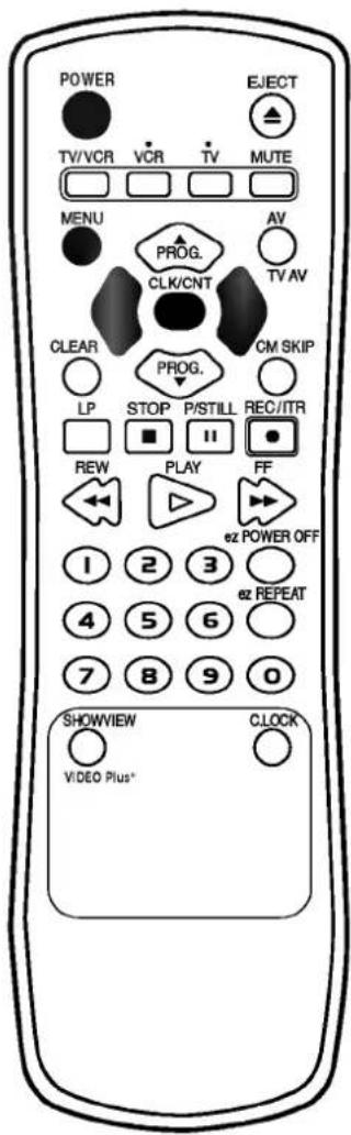 POWER TV/VCR VCR TV MUTE MENU PROG. CLK/CNT AV TV/AV CLEAR PROG. CM SKIP LP STOP P/STILL REC/ITR ■ ■ ■ REW PLAY FF 1 2 3 ez POWER OFF 4 5 6 ez REPEAT 7 8 9 0 SHOWVIEW CLOCK VIDEO Plus*