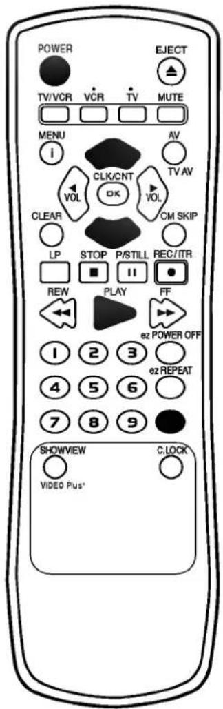 POWER EJECT TV/VCR VCR TV MUTE MENU i AV CLK/CNT TV AV VOL OK VOL CLEAR CM SKIP LP STOP P/STILL REC/TR ■ ■ ■ REW PLAY FF ← ez POWER OFF 1 2 3 ez REPEAT 4 5 6 7 8 9 SHOWVIEW C:LOCK VIDEO Plus*