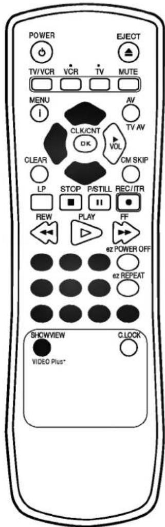 POWER TV/VCR VCR TV MUTE MENU I AV CLK/CNT OK TV AV CLEAR LP STOP P/STILL REC/ITR REW PLAY FF e2 POWER OFF e2 REPEAT SHOWVIEW CLOCK VIDEO Plus*
