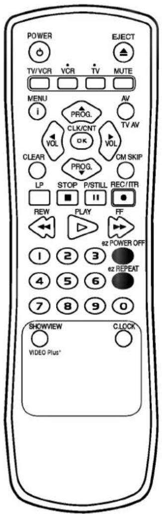 POWER TV/VCR VCR TV MUTE EJECT MENU i PROG. CLK/CNT AV TV AV VOL OK VOL CLEAR PROG. CM SKIP LP STOP P/STILL REC/ITR ■ ■ ■ ■ REW PLAY FF 1 2 3 ez POWER OFF 4 5 6 ez REPEAT 7 8 9 0 SHOWVIEW VIDEO Plus* CLOCK