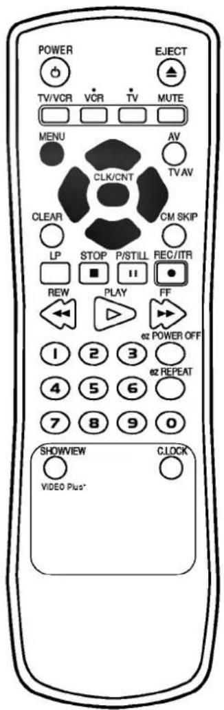 POWER TV/VCR VCR TV MUTE MENU AV CLK/CNT TV AV CLEAR CM SKIP LP STOP P/STILL REC/ITR REW PLAY FF 1 2 3 ez POWER OFF 4 5 6 ez REPEAT 7 8 9 0 SHOWVIEW CLOCK VIDEO Plus*