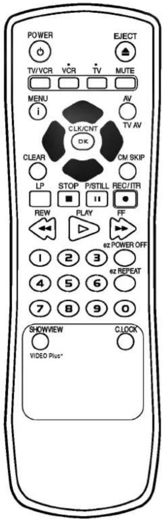 POWER TV/VCR VCR TV MUTE EJECT MENU i AV CLK/CNT OK TV AV CLEAR LP STOP P/STILL REC/ITR REW PLAY FF 1 2 3 0z POWER OFF 4 5 6 0z REPEAT 7 8 9 0 SHOWVIEW VIDEO Plus* CLOCK