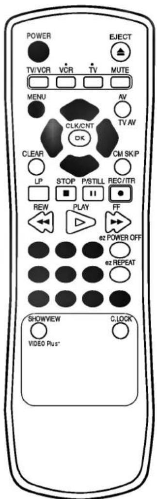 POWER TV/VCR VCR TV MUTE MENU AV TV AV CLK/CNT OK CLEAR CM SKIP LP STOP P/STILL REC/TR REW PLAY FF ez POWER OFF ez REPEAT SHOWVIEW CLOCK VIDEO Plus*