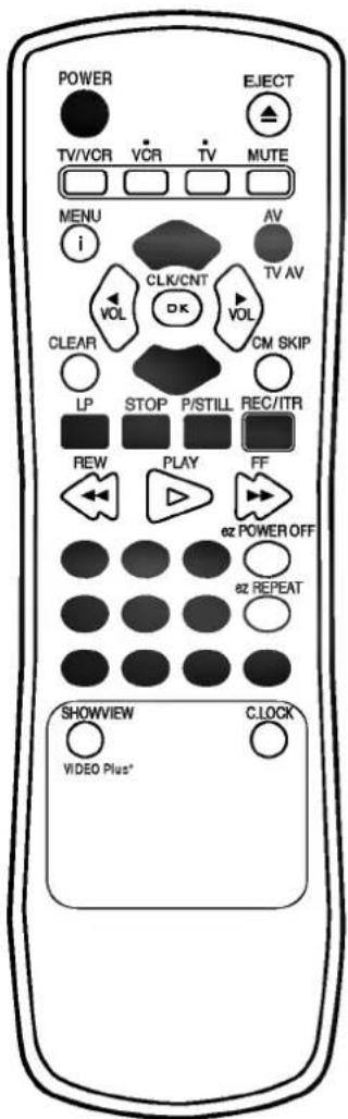 POWER TV/VCR VCR TV MUTE MENU i AV CLK/CNT TV AV VOL OK VOL CLEAR CM SKIP LP STOP P/STILL REC/ITR REW PLAY FF 62 POWER OFF 62 REPEAT SHOWVIEW CLOCK VIDEO Plus*