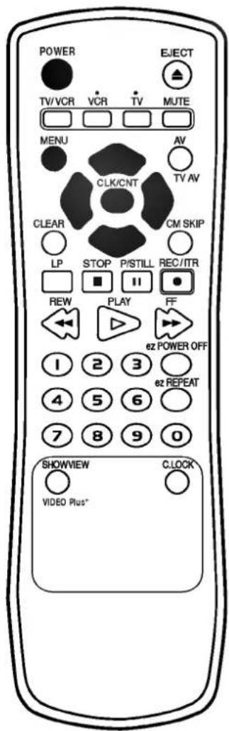 POWER TV/VCR VCR TV MUTE MENU AV CLK/CNT TV AV CLEAR CM SKIP LP STOP P/STILL REC/ITR REW PLAY FF 1 2 3 ez POWER OFF 4 5 6 ez REPEAT 7 8 9 0 SHOWVIEW CLOCK VIDEO Plus*