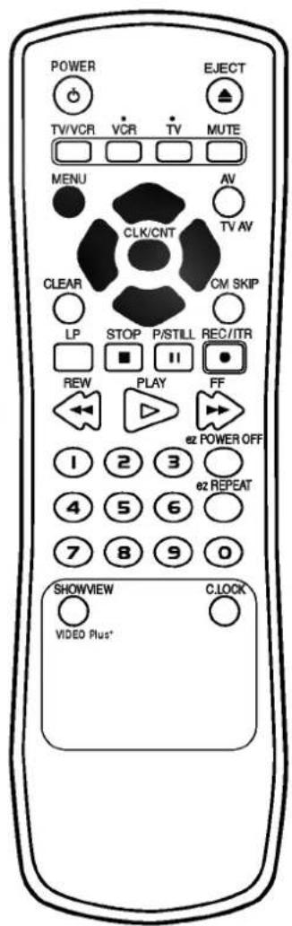 POWER TV/VCR VCR TV MUTE MENU AV CLK/CNT TV AV CLEAR CM SKIP LP STOP P/STILL REC/ITR REW PLAY FF 1 2 3 e2 POWER OFF 4 5 6 e2 REPEAT 7 8 9 0 SHOWVIEW CLOCK VIDEO Plus*