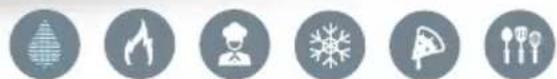 Six circular icons representing kitchen and dining items (no text or symbols)