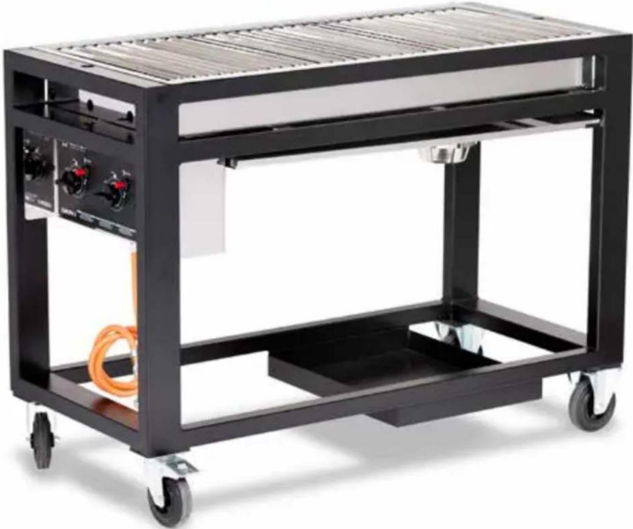 Black industrial machine chassis with wheels and internal components, no visible text or symbols