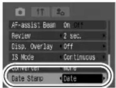 AF-assist Beam On Off Review 2 sec. Disp. Overlay Off IS Mode Continuous Converter None Date Stamp Date