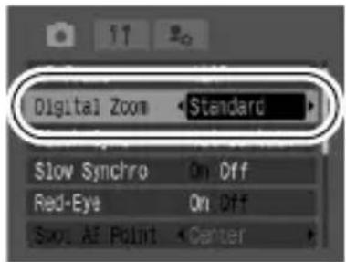 Digital Zoom Standard Slow Synchro On Off Red-Eye On Off Spot AF Point Center