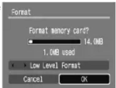 Format Format memory card? 14.0MB 1.0MB used Low Level Format Cancel OK