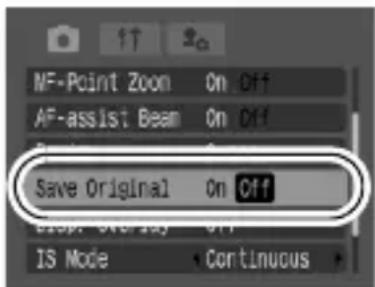 MF-Point Zoom On Off AF-assist Beam On Off Save Original On Off Stop Overlay Off IS Mode Continuous