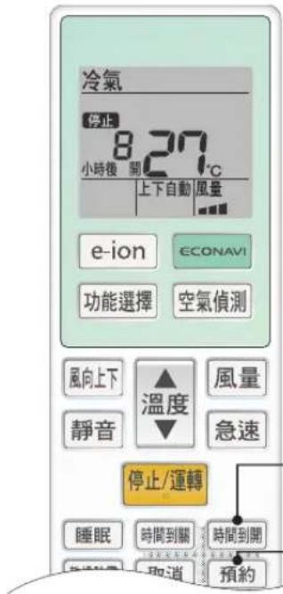 冷氣 停止 8.27°C 小時後 關 上下自動 風量 e-ion ECONAVI 功能選擇 空氣偵測 風向上下 ▲ 溫度 風量 靜音 ▼ 急速 停止/運轉 睡眠 時間到關 時間到開 取消 預約