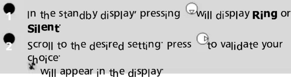 In the standby display' pressing will display Ring or Silent Scroll to the desired setting press to validate your choice will appear in the display