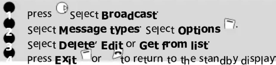 press Select Broadcast Select Message types Select Options Select Delete Edit or Get from list press Exit or to return to the standby display