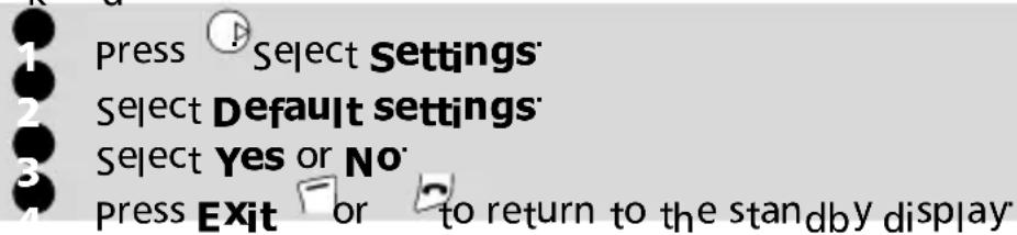 Press Select Settings Select Default settings Select Yes or No Press Exit or to return to the standby display