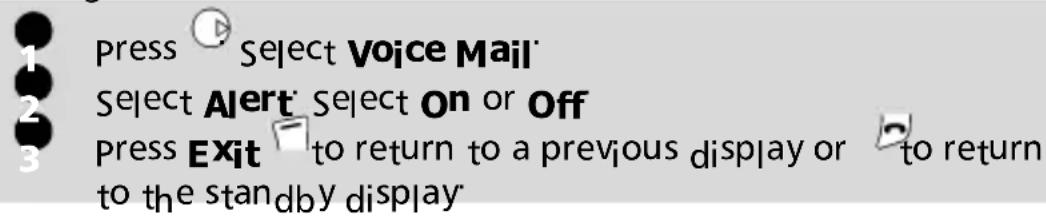 Press Select Voice Mail Select Alert Select On or Off Press Exit to return to a previous display or to return to the standby display
