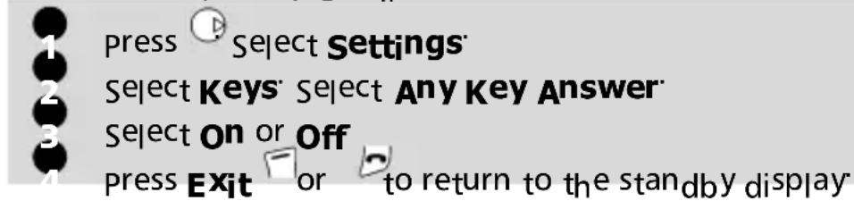 1 press Select Settings 2 Select Keys Select Any Key Answer 3 Select On or Off 4 press Exit or to return to the standby display
