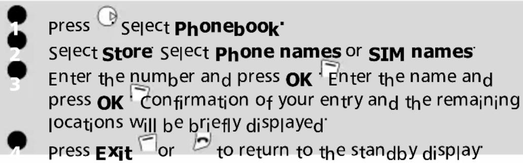 press Select Phonebook' Select Store Select Phone names or SIM names Enter the number and press OK Enter the name and press OK Confirmation of your entry and the remaining locations will be briefly displayed' Press Exit or to return to the standby display'