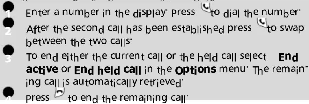 Enter a number in the display press to dial the number After the second call has been established press to swap between the two calls To end either the current call or the held call select End active or End held call in the Options menu. The remaining call is automatically retrieved. Press to end the remaining call