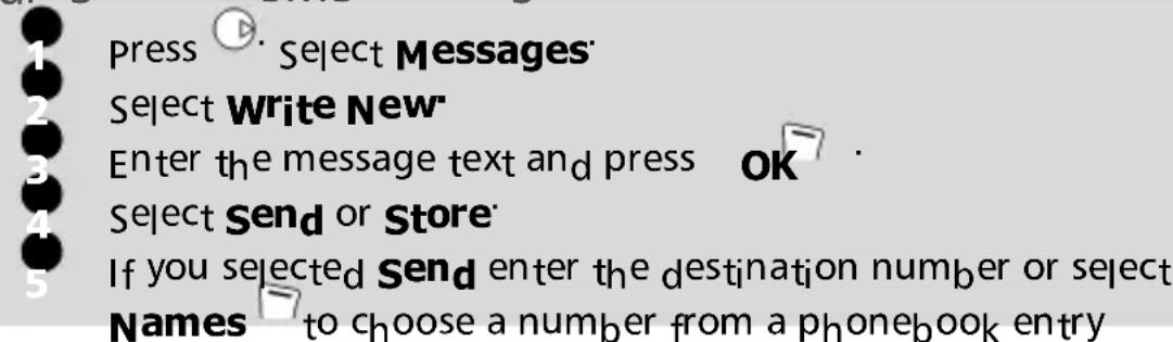 Press 📋 Select Messages Select Write New Enter the message text and press OK Select Send or Store If you selected Send enter the destination number or select Names → to choose a number from a phonebook entry