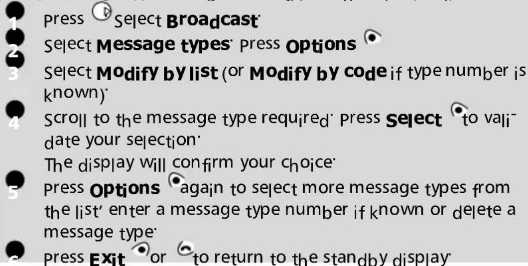 Press Select Broadcast Select Message types' press Options Select Modify by list (or Modify by code if type number is known) Scroll to the message type required' press Select to validate your selection The display will confirm your choice' Press Options again to select more message types from the list' enter a message type number if known or delete a message type Press Exit or to return to the standby display
