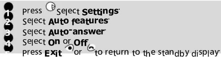 Press Select Settings Select Auto features Select Auto-answer Select On or Off Press Exit or to return to the standby display