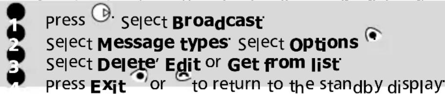 press ⬆ Select Broadcast Select Message types' Select Options Select Delete' Edit or Get from list' press Exit or to return to the standby display'