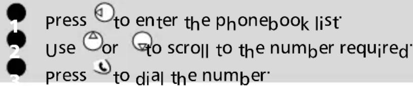 Press ① to enter the phonebook list. Use △ or ⬤ to scroll to the number required. Press ② to dial the number.