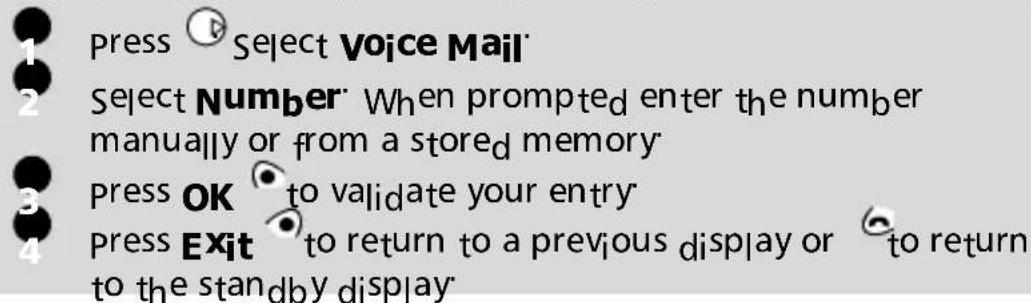 1 Press Select Voice Mail 2 Select Number When prompted enter the number manually or from a stored memory 3 press OK to validate your entry 4 press Exit to return to a previous display or to return to the standby display