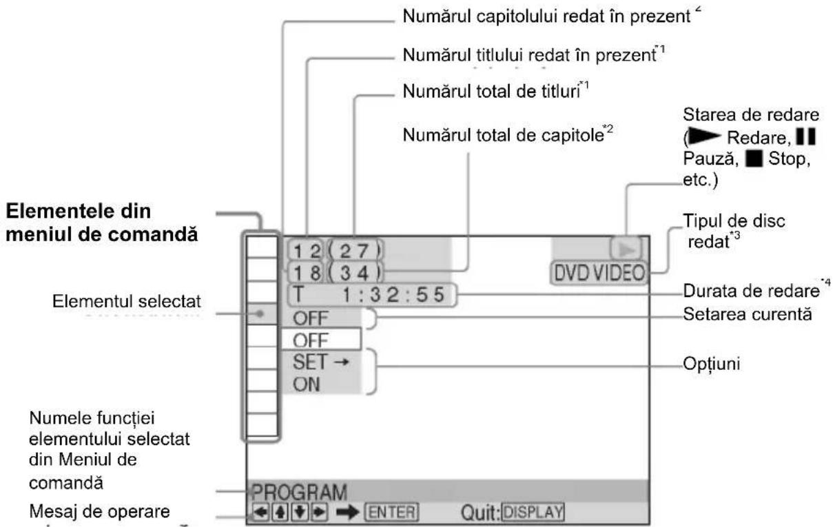 Elementele din meniul de comandă Elementul selectat Numele funcției elementului selectat din Meniul de comandă Mesaj de operare Numărul capitolului redat în prezent² Numărul titlului redat în prezent¹ Numărul total de titluri¹ Numărul total de capitole² 1 2 (2 7) 1 8 (3 4) T 1:3 2:5 5 OFF OFF SET → ON DVVD VIDEO Starea de redare (► Redare, ■ Pauză, ■ Stop, etc.) Tipul de disc redat³ Durata de redare⁴ Setarea curentă Optiuni PROGRAM ENTER Quit: DISPLAY