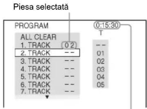 Piesa selectata PROGRAM ALL CLEAR 1. TRACK 0 2 2. TRACK -- 3. TRACK -- 4. TRACK -- 5. TRACK -- 6. TRACK -- 7. TRACK -- 0:15:30 T -- 01 02 03 04 05