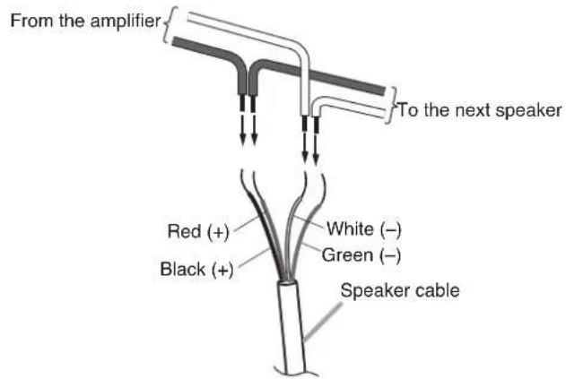 From the amplifier To the next speaker Red (+) Black (+) White (−) Green (−) Speaker cable