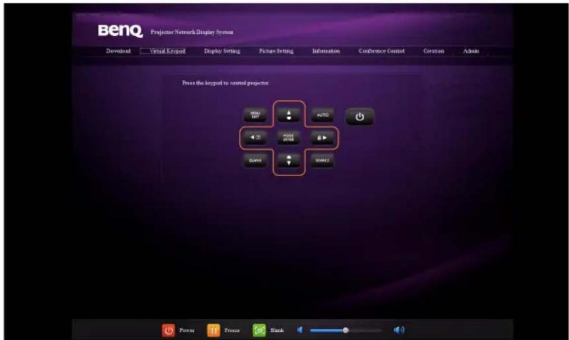 BenQ Projector Network Display System Download Virtual Keypad Display Setting Picture Setting Information Conference Control Creation Admin Press the keypad to control projector WIN / DNT AUTO +2000 WRITE +1 SMRRC Power Freeze Black