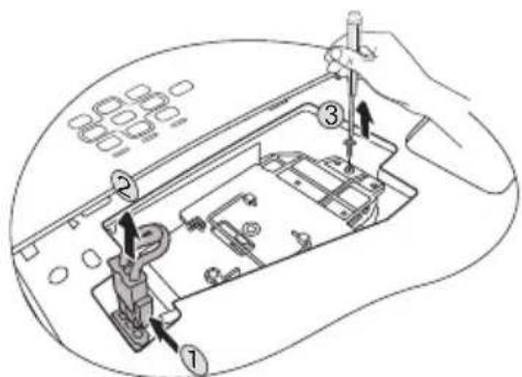 Technical diagram of a computer mouse with numbered parts and directional arrows indicating assembly or operation