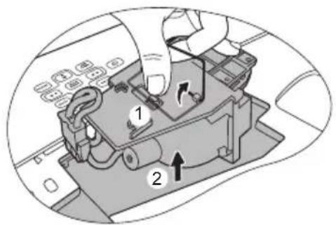 Diagram showing a hand operating a device with labeled parts and directional arrows indicating movement or operation.