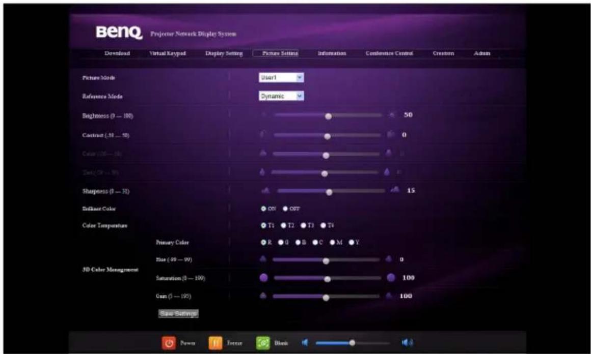BenQ Projector Network Display System Download Virtual Keypad Display Setting Picture Settings Information Conference Control Creation Admin Picture Mode User1 Reference Mode Dynamic Brightness (0 — 100) 50 Contract (.32 — 50) 0 Color (26 — 50) 0 Zoom (0 — 100) 0 Sharpness (0 — 30) 15 Diffuse Color 00 OPT Color Temperature T1 T2 T3 T4 Primary Color R 0 B C M Y Size (.99 — 99) 0 3D Color Management Saturation (0 — 100) 100 Gain (0 — 100) 100 Save Settings Power Touch Blank