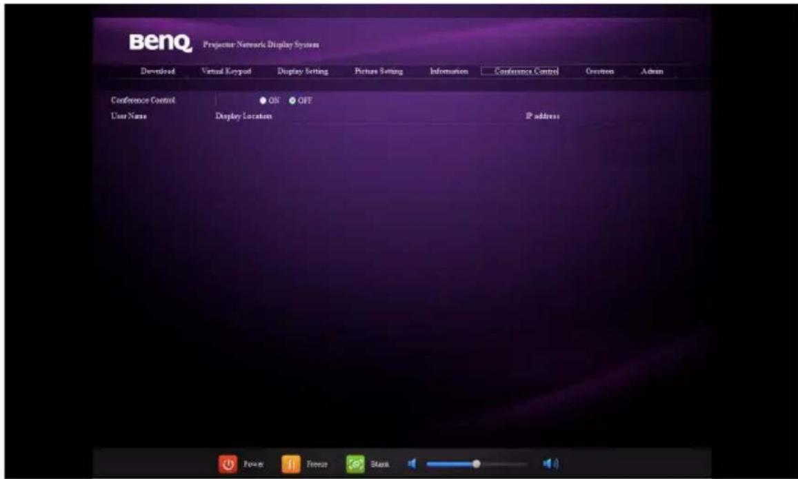 BenQ Projector Network Display System Download Virtual Keypout Display Setting Picture Setting Information Conference Control Occasion Admin Conference Control ON OFF User Name Display Location IP address Power Forest Stack