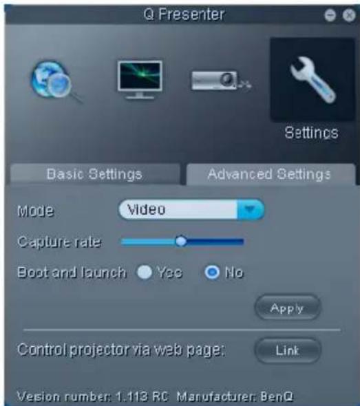 Q Presenter Settings Basic Settings Advanced Settings Mode Video Capture rate Boot and launch Yes No Apply Control projector via web page: Link Version number: 1.113 RC Manufacturer: BenQ