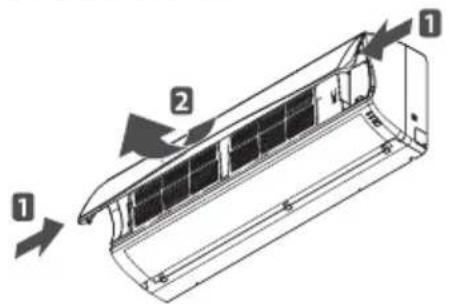 Technical diagram of an air conditioner unit with labeled components and airflow direction arrows