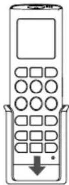 Diagram of a mobile phone with control panel and downward arrow indicating function or operation