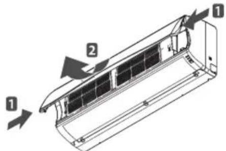 Technical diagram of an air conditioner unit with numbered components and airflow arrows indicating airflow direction