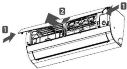 Technical diagram of an air conditioner unit with labeled components and airflow direction arrows
