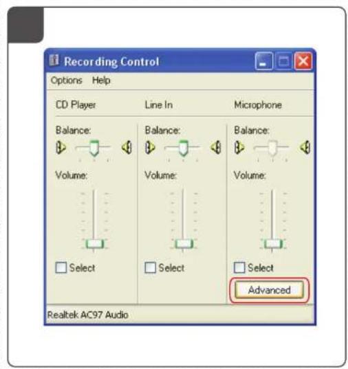 Recording Control Options Help CD Player Line In Microphone Balance: Balance: Balance: Volume: Volume: Volume: Select Select Select Advanced Realtek AC97 Audio